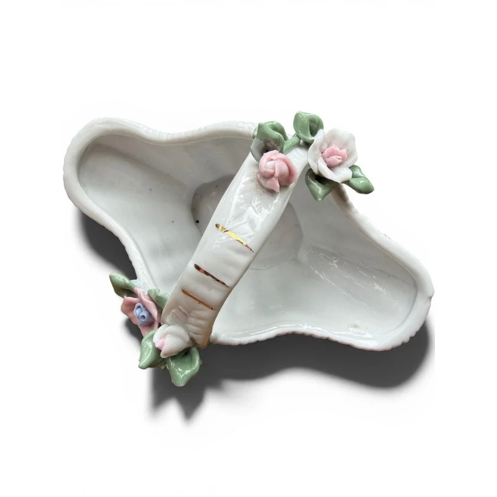 Vintage White Porcelain Basket w/ Applied Flowers | 1950s Ceramic Trinket Dish